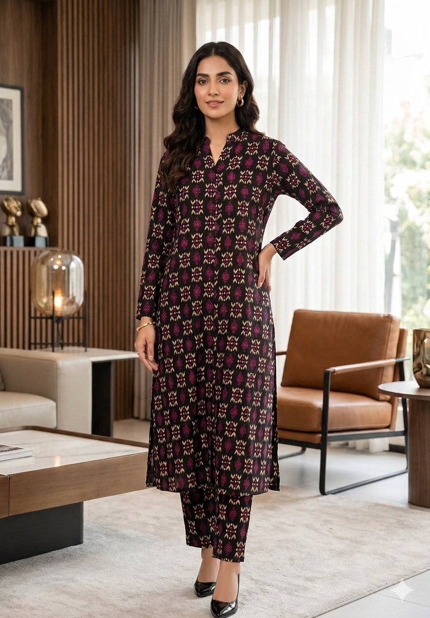 Chic Black and Magenta Geometric Ikat 2-Piece Co-Ord Set