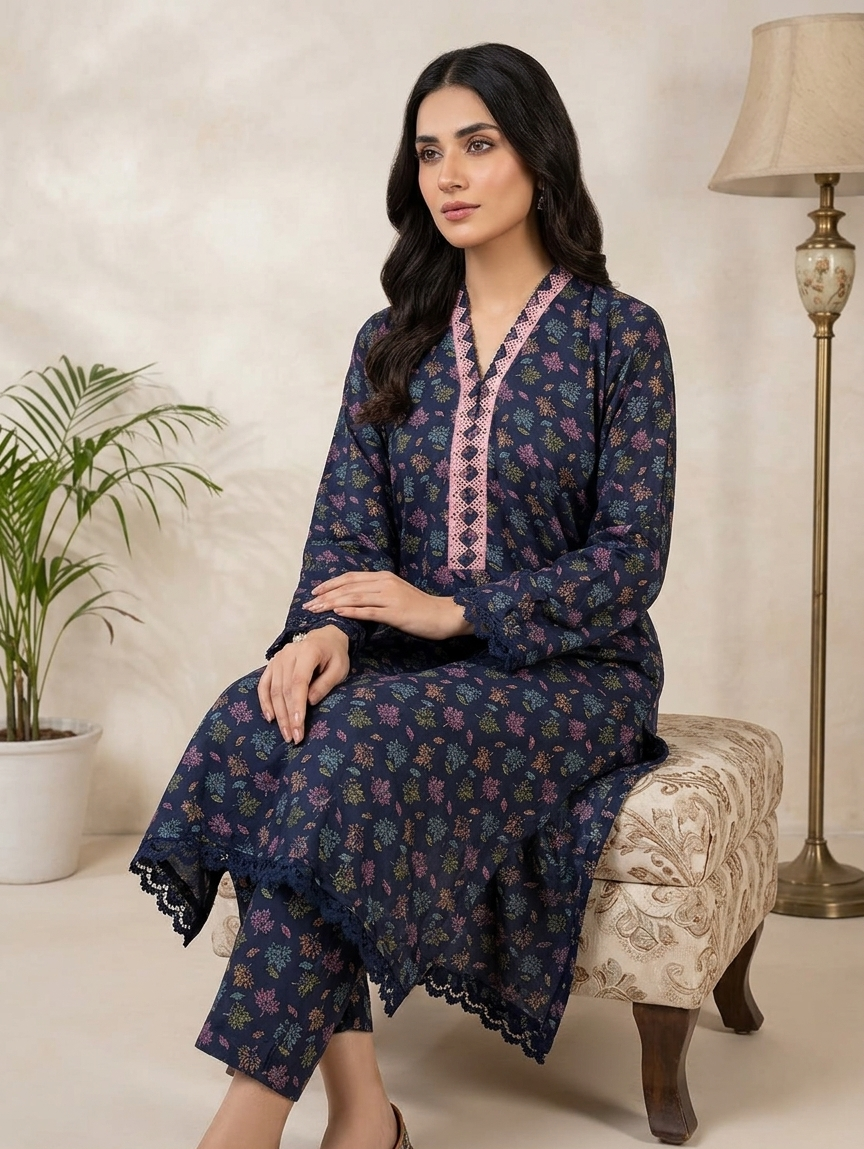 Navy Blue Ditsy Floral Printed 2-Piece Suit with Embroidered Neckline - Image 4