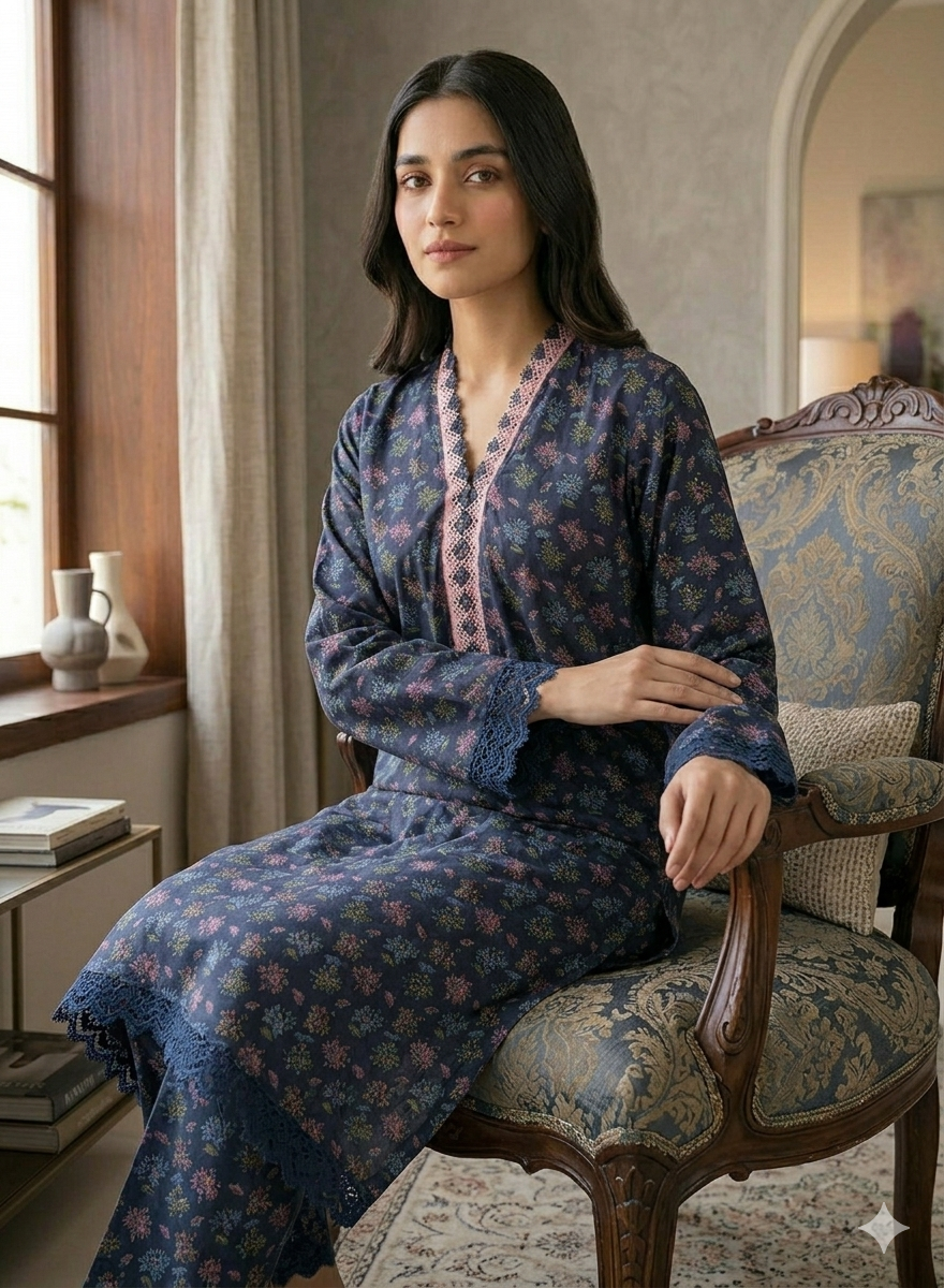 Navy Blue Ditsy Floral Printed 2-Piece Suit with Embroidered Neckline - Image 5