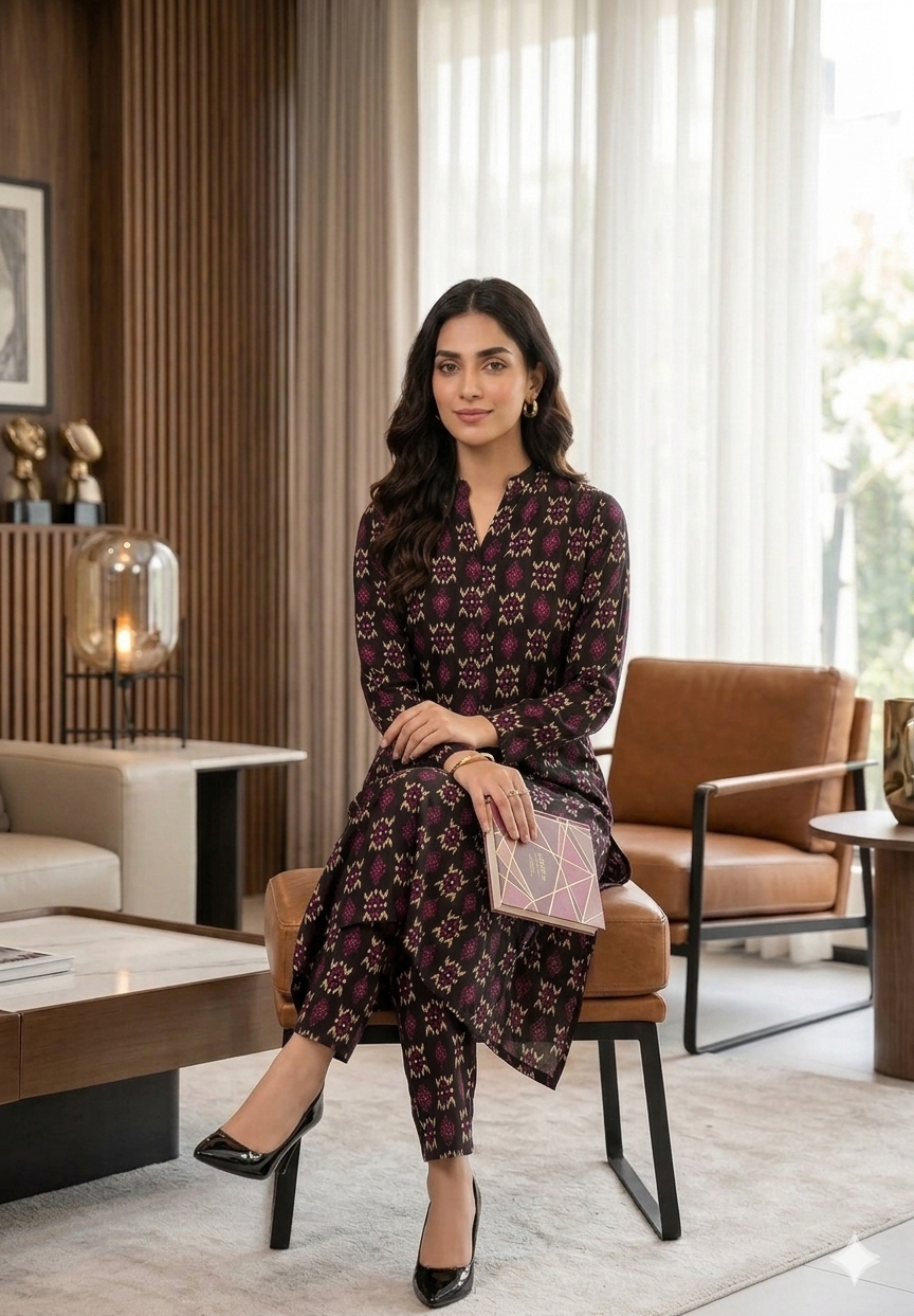 Chic Black and Magenta Geometric Ikat 2-Piece Co-Ord Set - Image 3
