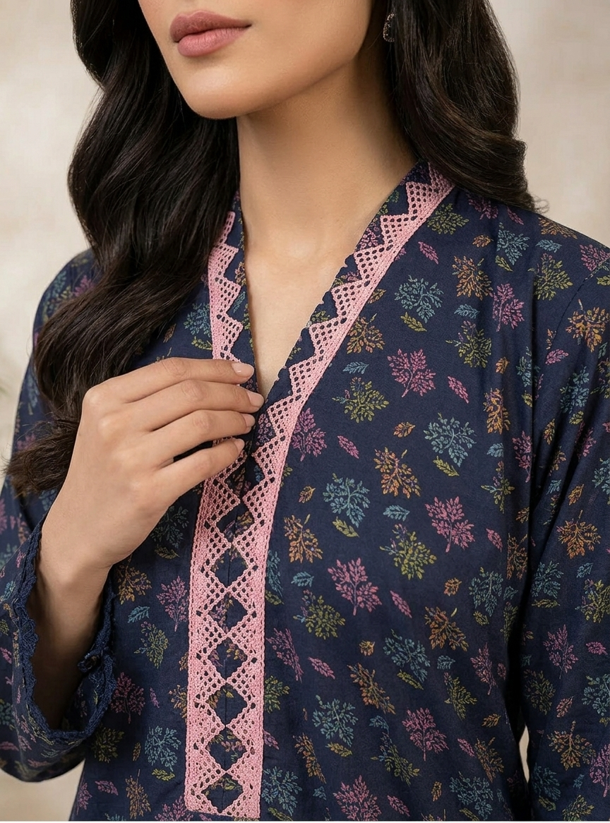 Navy Blue Ditsy Floral Printed 2-Piece Suit with Embroidered Neckline - Image 3