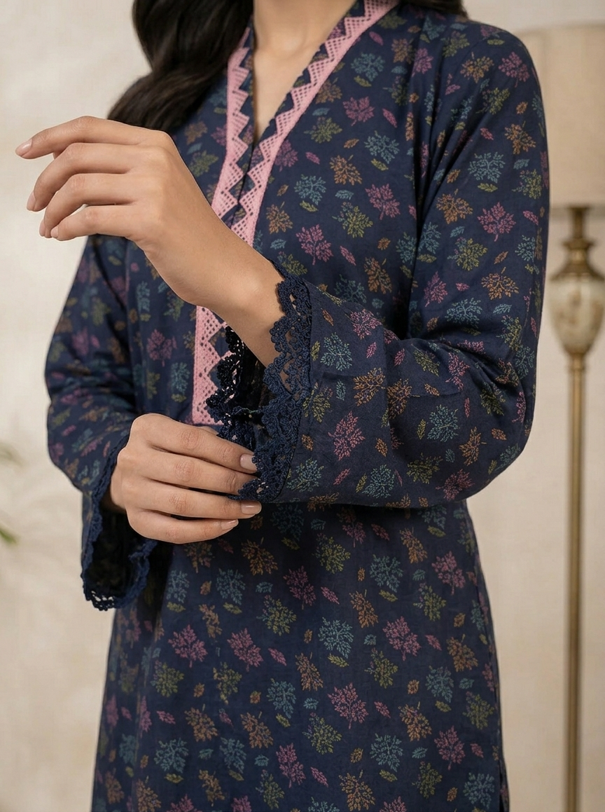 Navy Blue Ditsy Floral Printed 2-Piece Suit with Embroidered Neckline - Image 2