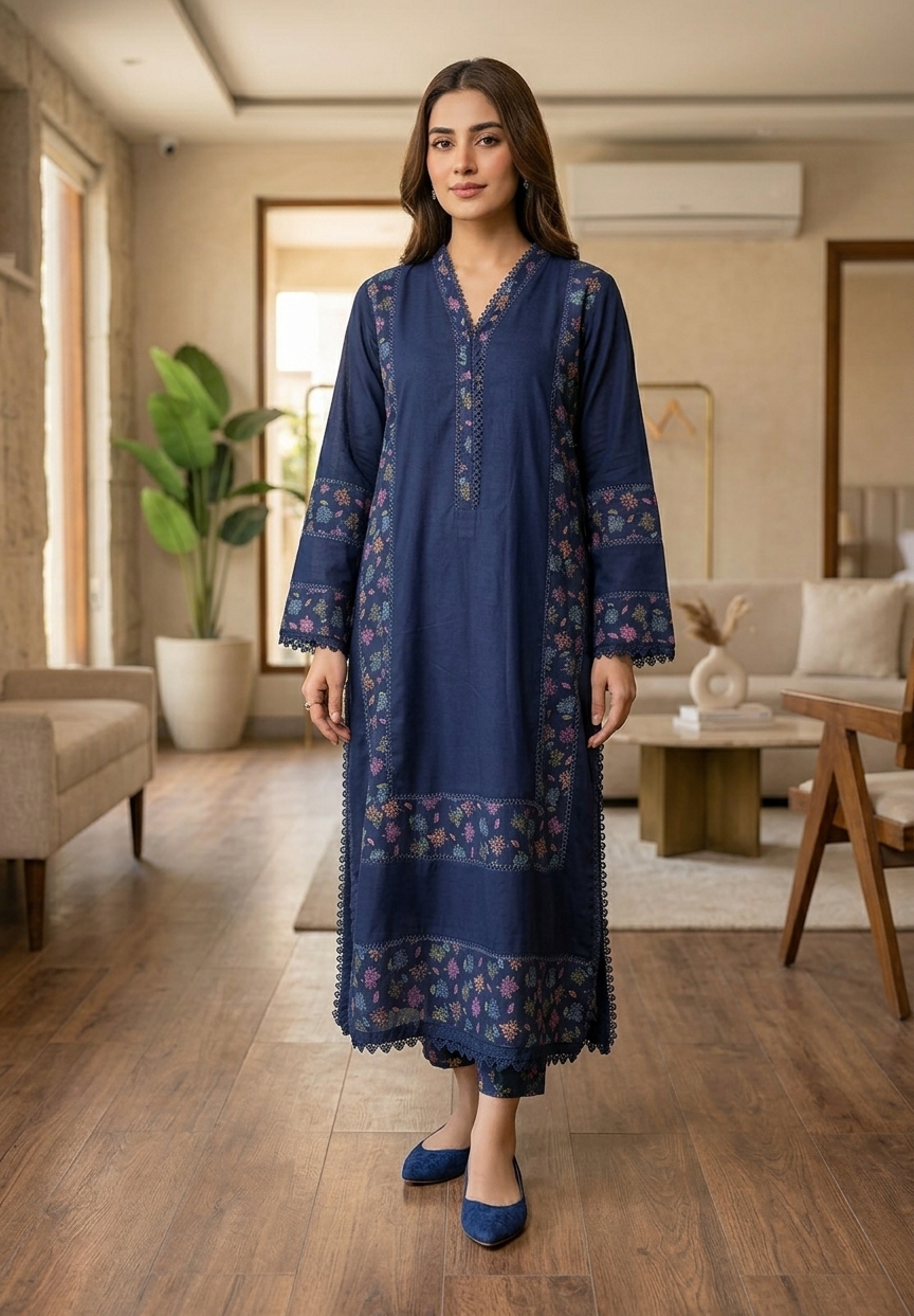 Classic Navy Blue Printed Border 2-Piece Co-Ord Set