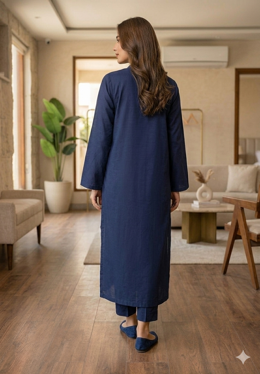 Classic Navy Blue Printed Border 2-Piece Co-Ord Set - Image 3