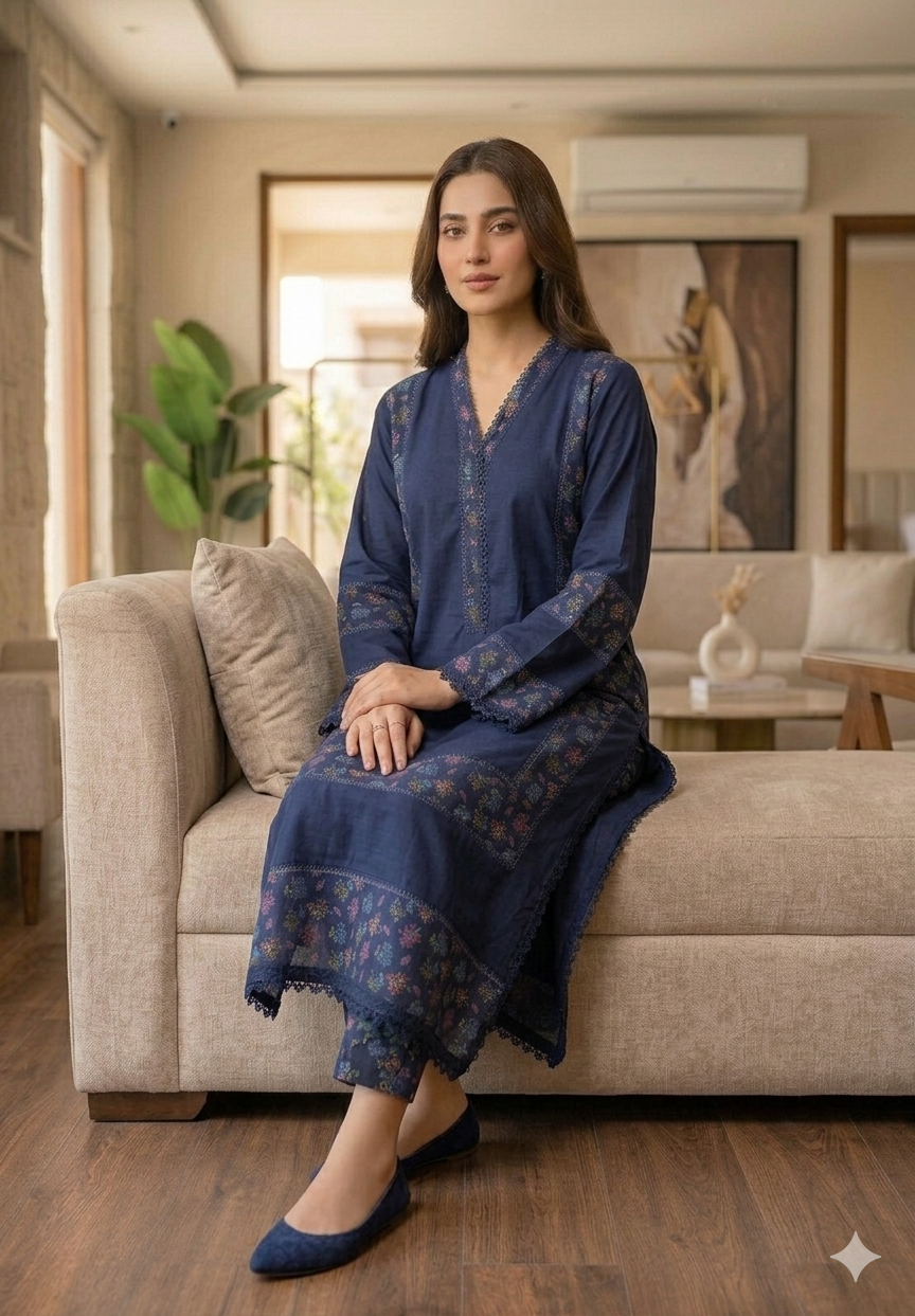 Classic Navy Blue Printed Border 2-Piece Co-Ord Set - Image 4