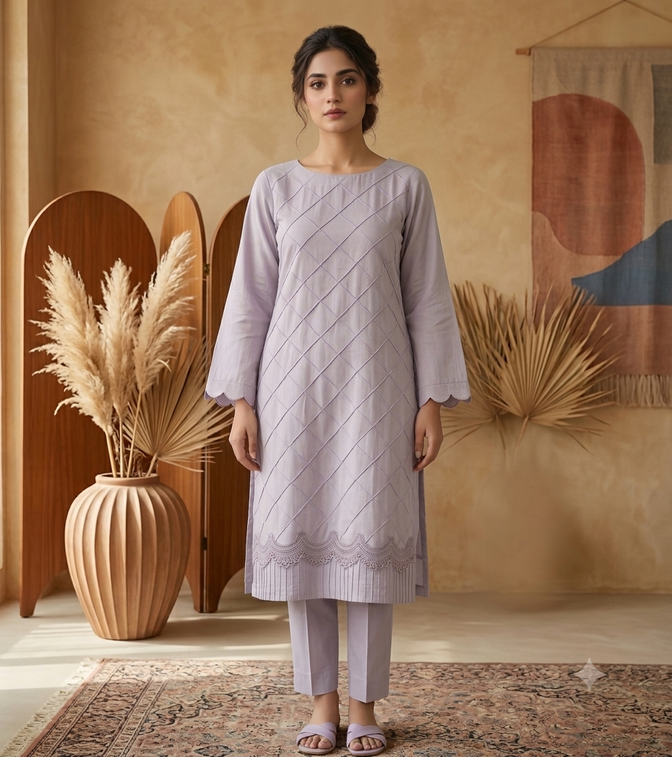 Lavender Whisper – Quilted Geometric Tunic & Trouser Set