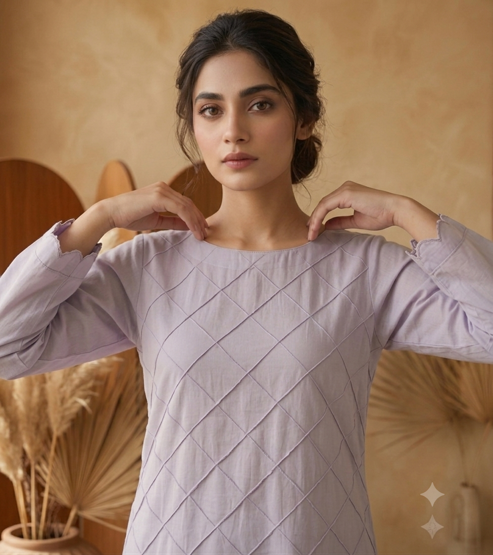 Lavender Whisper – Quilted Geometric Tunic & Trouser Set - Image 4