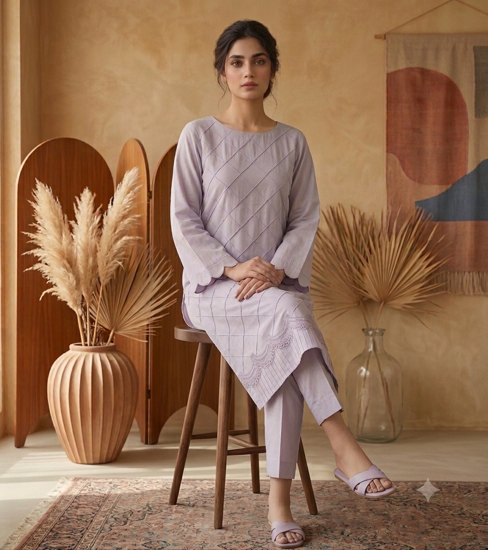 Lavender Whisper – Quilted Geometric Tunic & Trouser Set - Image 2