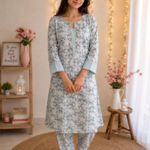 Graceful Ice Blue Floral Printed 2-Piece Co-Ord Set with Pleated Cuffs