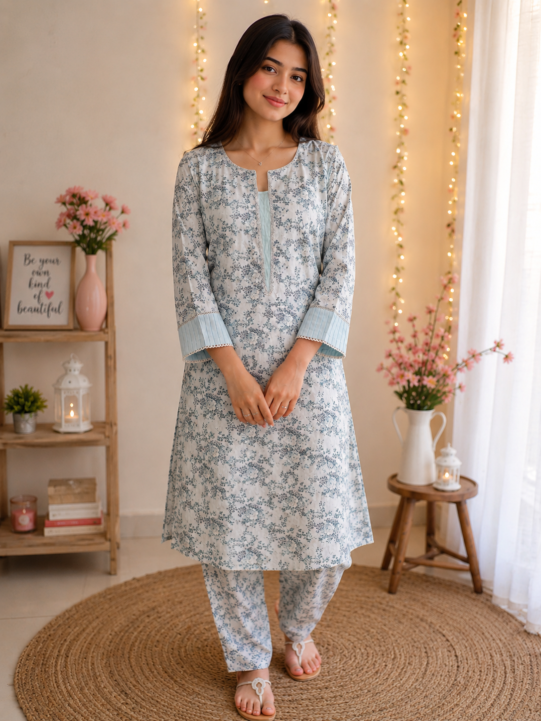 Graceful Ice Blue Floral Printed 2-Piece Co-Ord Set with Pleated Cuffs
