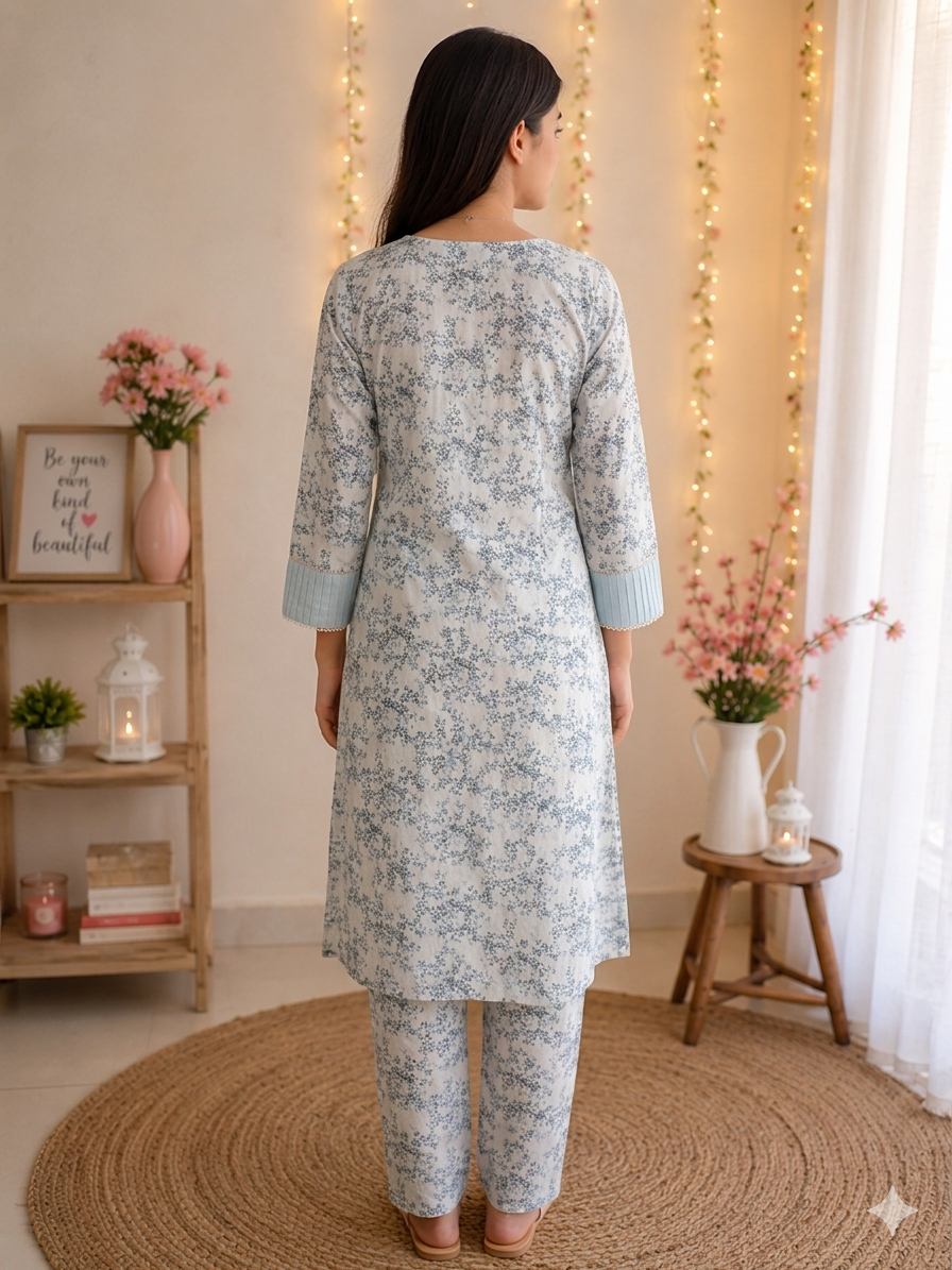 Graceful Ice Blue Floral Printed 2-Piece Co-Ord Set with Pleated Cuffs - Image 2