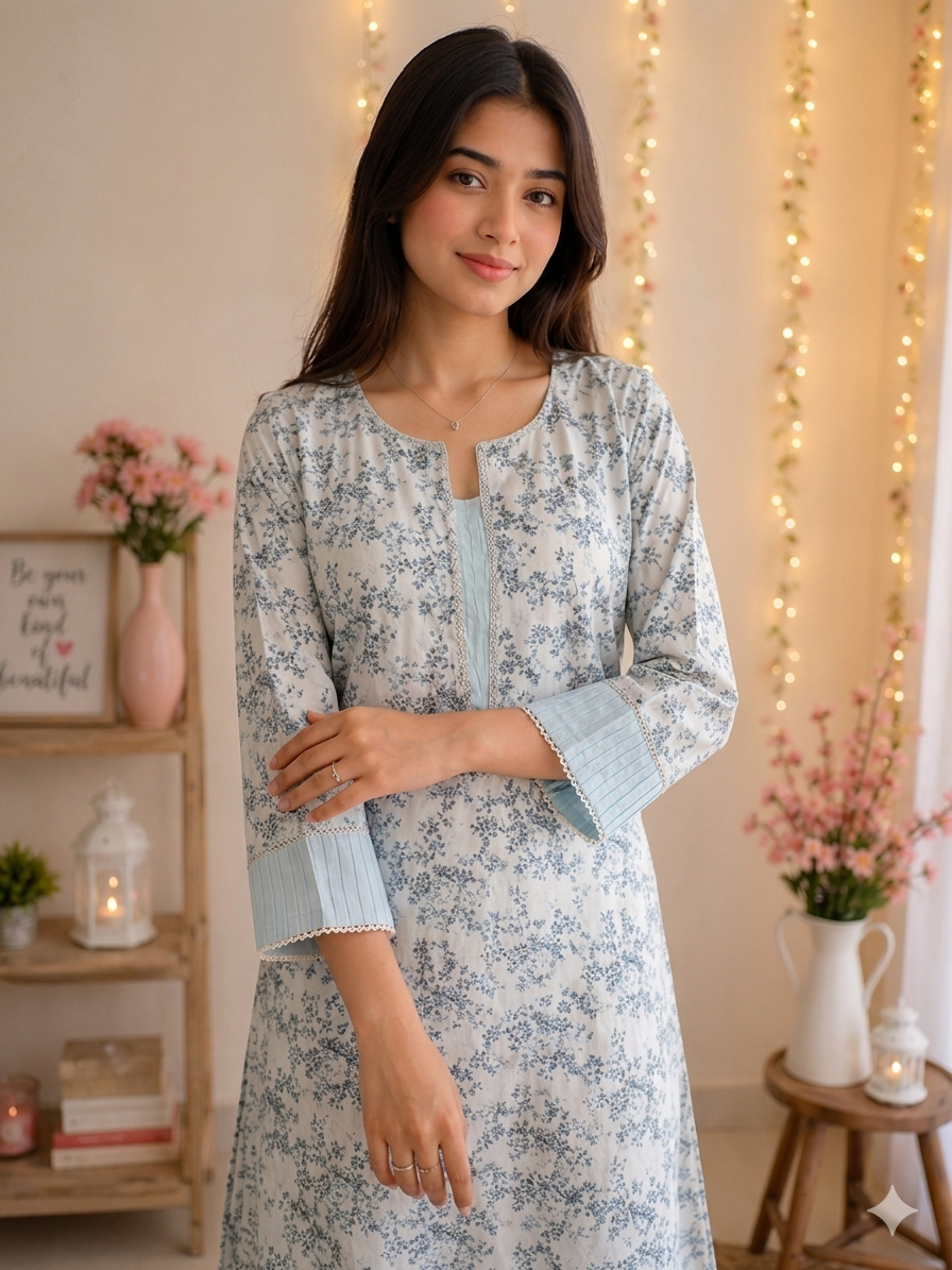 Graceful Ice Blue Floral Printed 2-Piece Co-Ord Set with Pleated Cuffs - Image 3