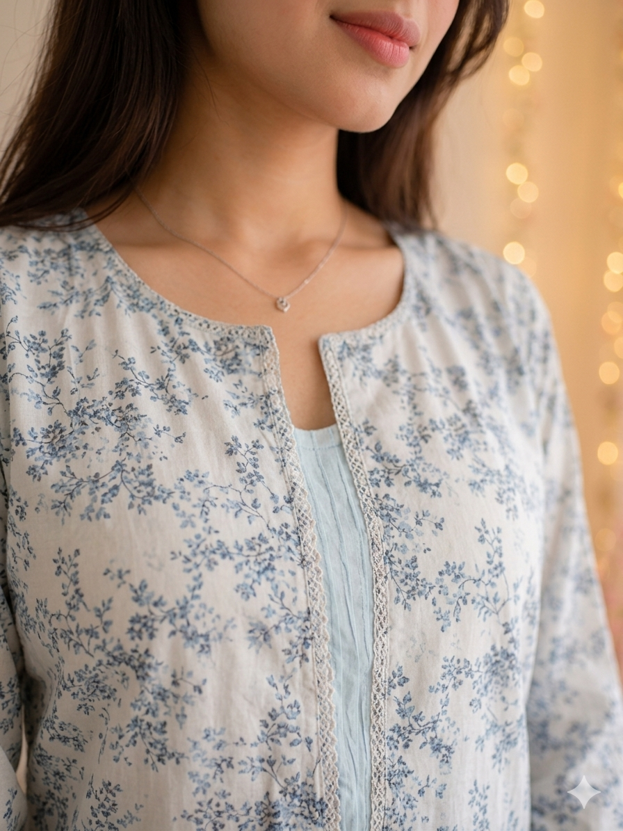 Graceful Ice Blue Floral Printed 2-Piece Co-Ord Set with Pleated Cuffs - Image 4