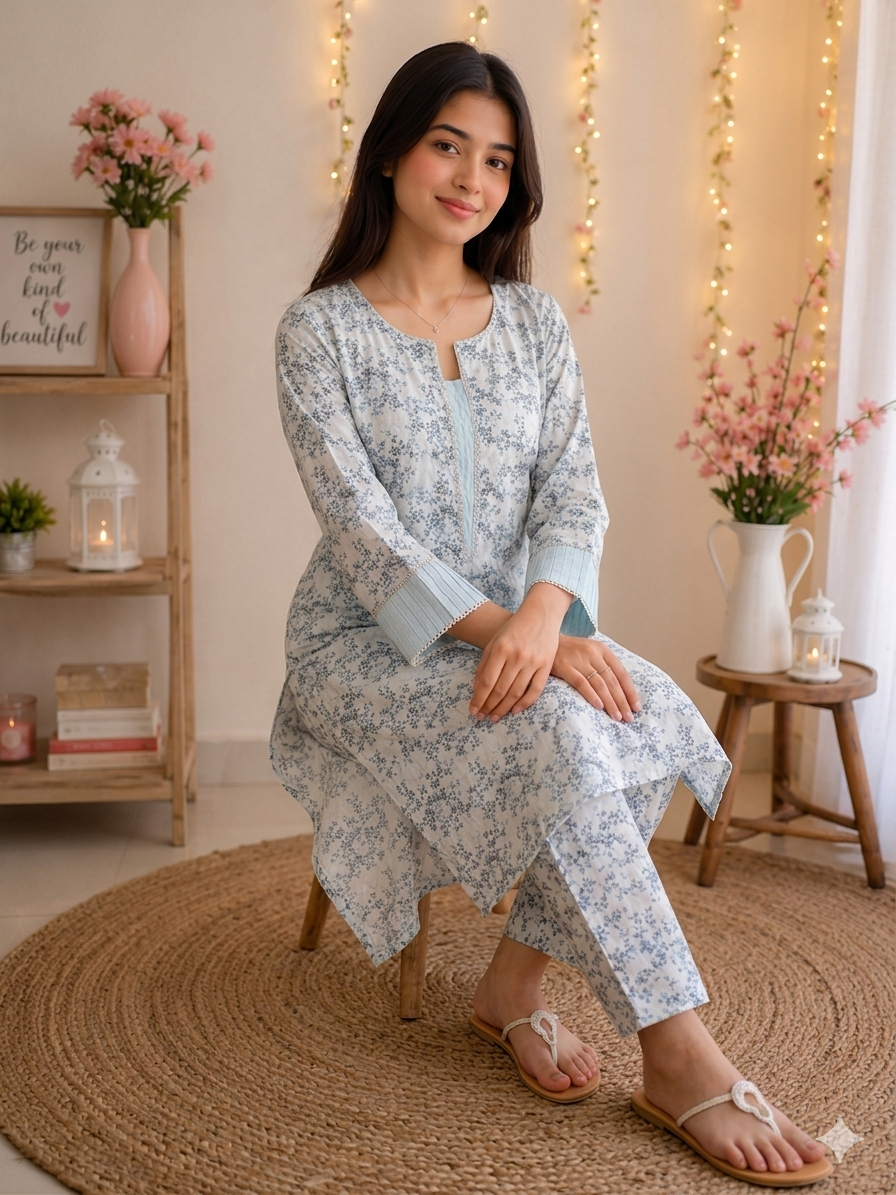 Graceful Ice Blue Floral Printed 2-Piece Co-Ord Set with Pleated Cuffs - Image 5
