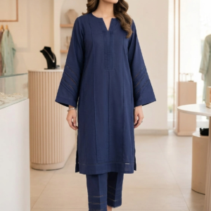 Intricate Navy Blue Pleated Co-Ord Set with Twin-Lace Detailing