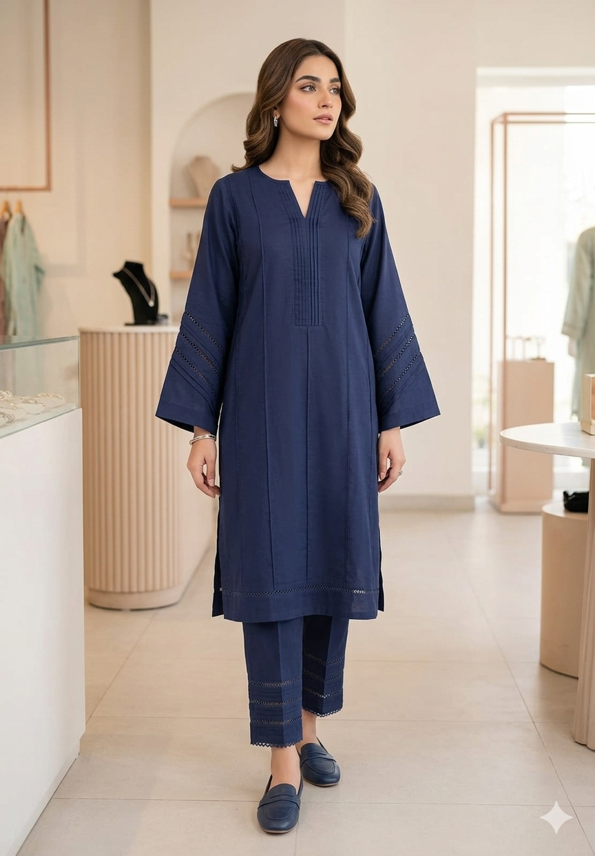 Intricate Navy Blue Pleated Co-Ord Set with Twin-Lace Detailing