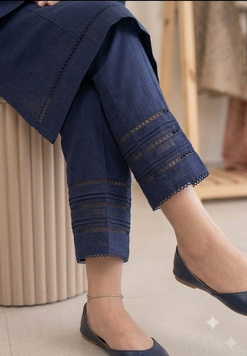 Intricate Navy Blue Pleated Co-Ord Set with Twin-Lace Detailing - Image 2