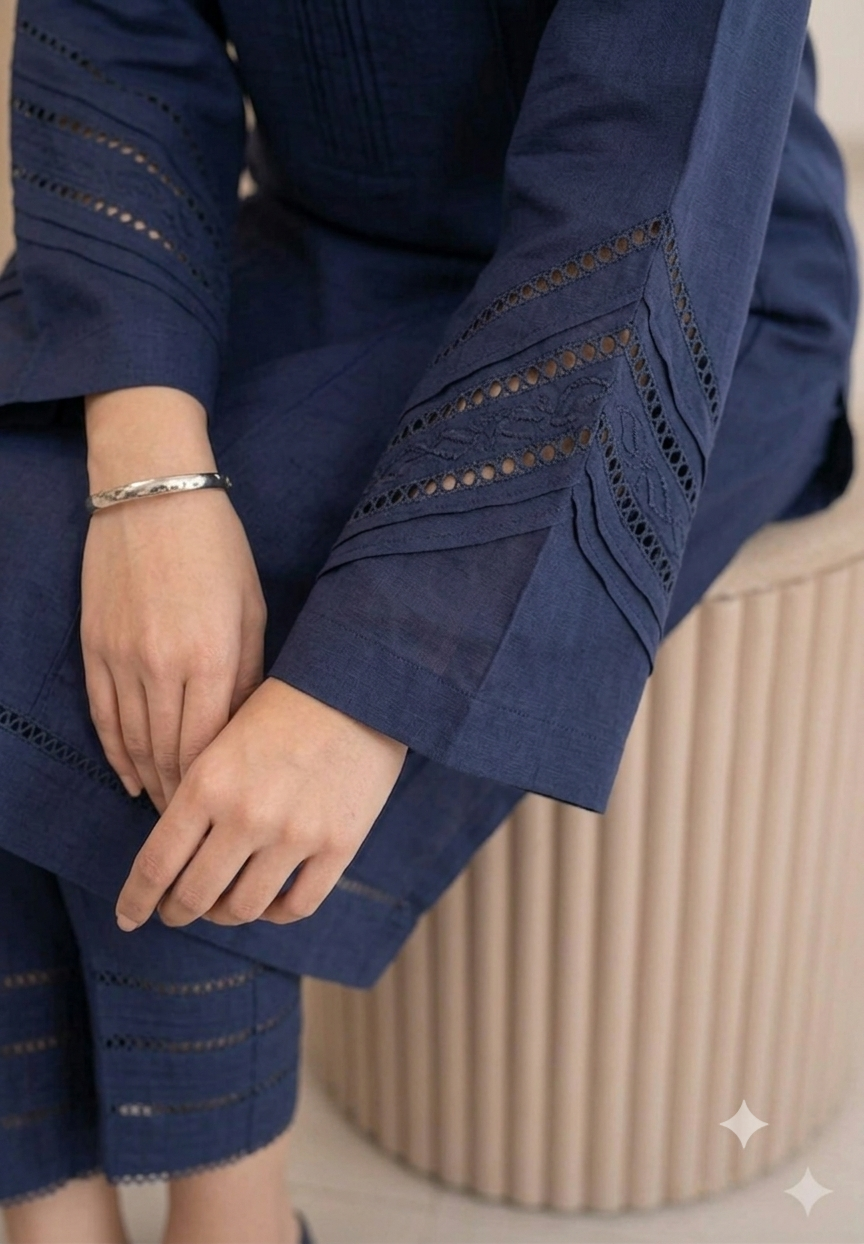 Intricate Navy Blue Pleated Co-Ord Set with Twin-Lace Detailing - Image 3