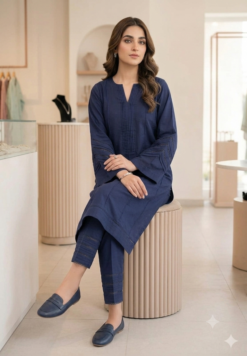 Intricate Navy Blue Pleated Co-Ord Set with Twin-Lace Detailing - Image 5