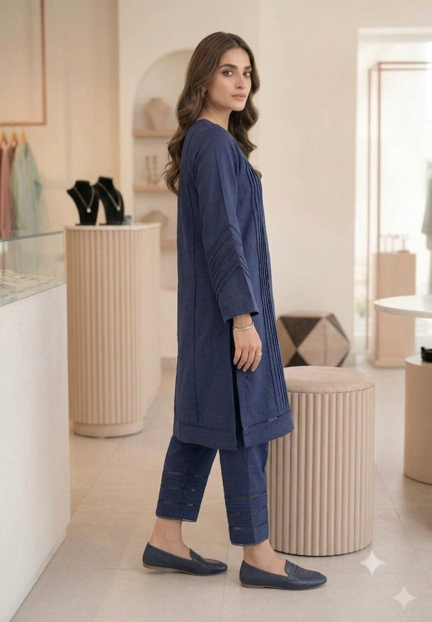 Intricate Navy Blue Pleated Co-Ord Set with Twin-Lace Detailing - Image 6