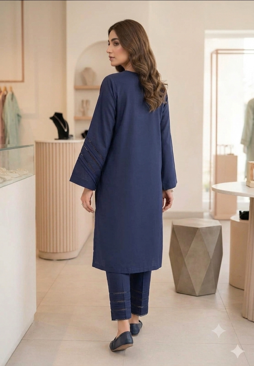 Intricate Navy Blue Pleated Co-Ord Set with Twin-Lace Detailing - Image 7