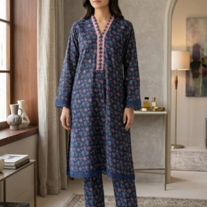 Navy Blue Ditsy Floral Printed 2-Piece Suit with Embroidered Neckline