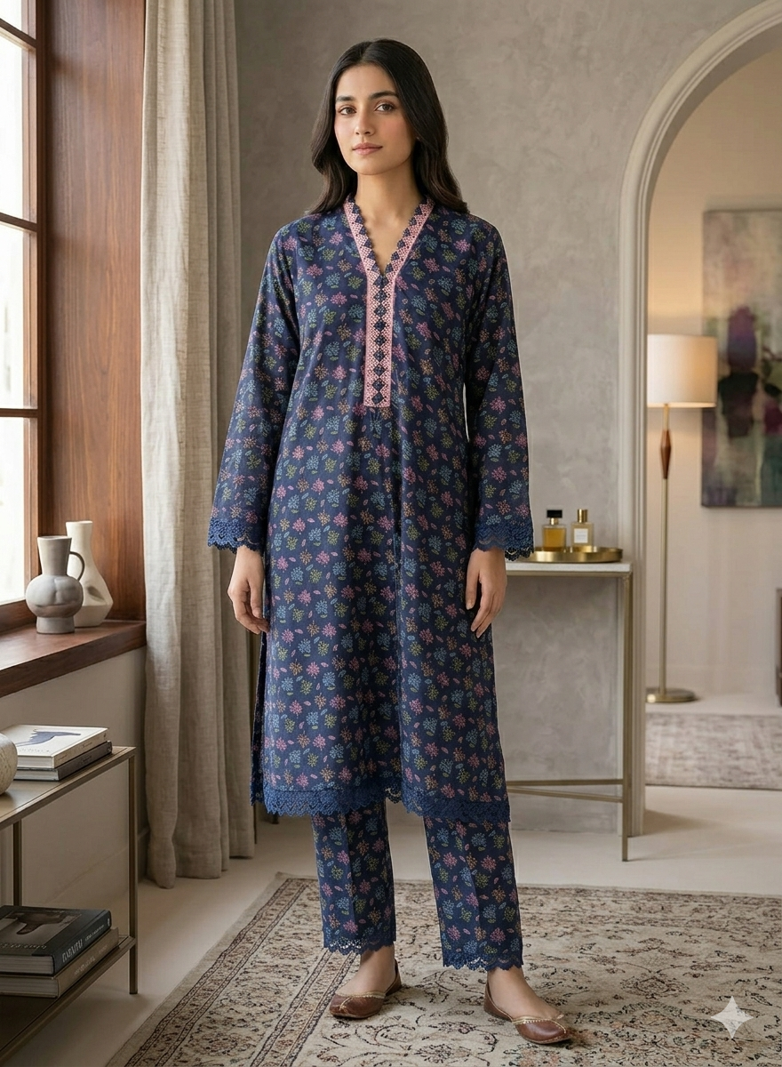 Navy Blue Ditsy Floral Printed 2-Piece Suit with Embroidered Neckline