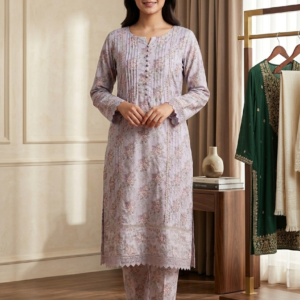 Pastel Lilac Floral Printed 2-Piece Suit with Pin-Tex Details