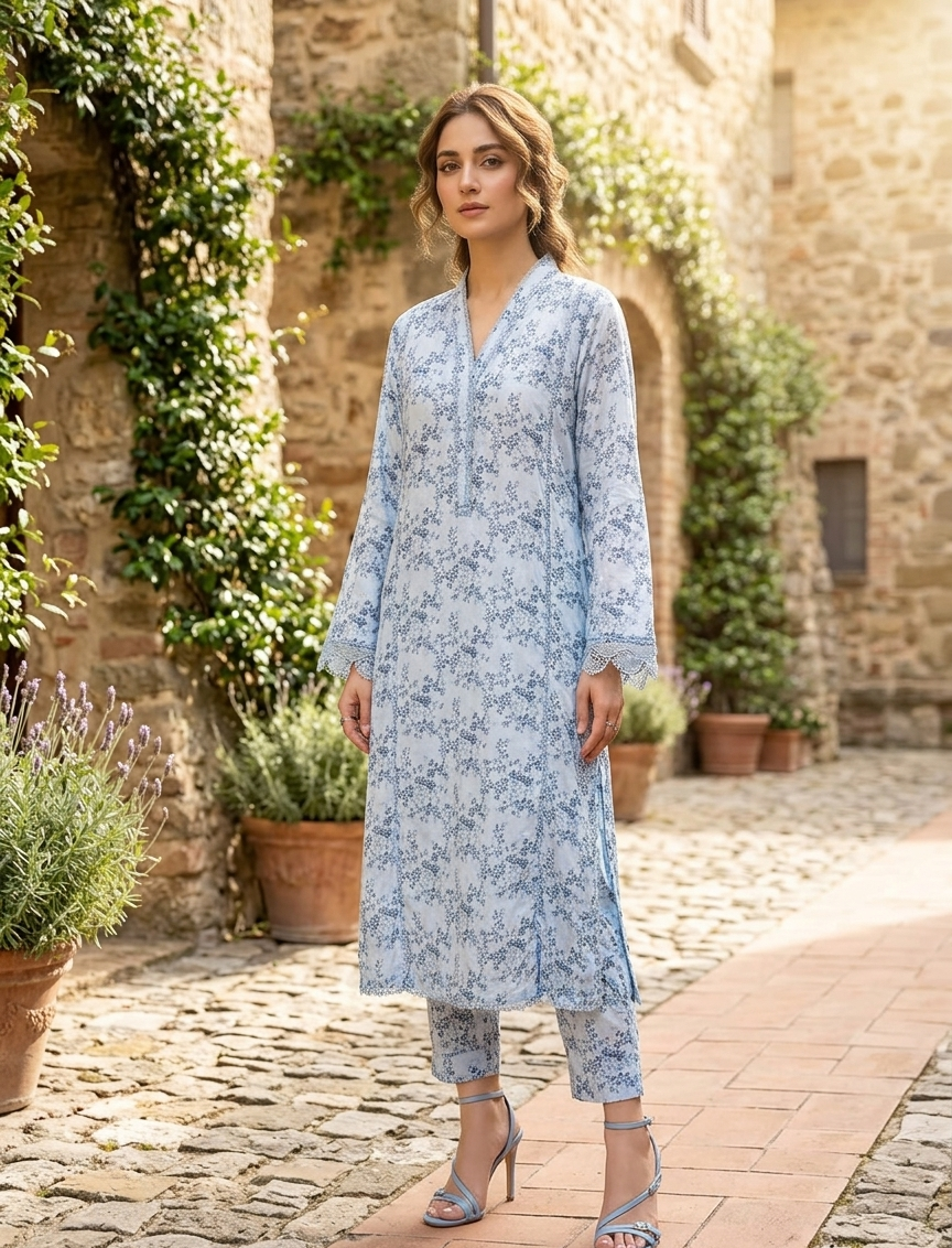 Serene Light Blue Floral Printed 2-Piece Co-Ord Set