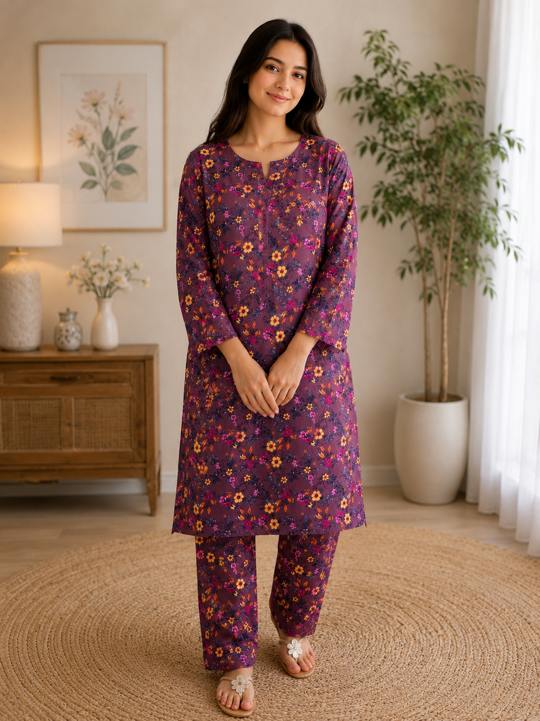 Vibrant Plum Purple Floral Printed 2-Piece Co-Ord Set
