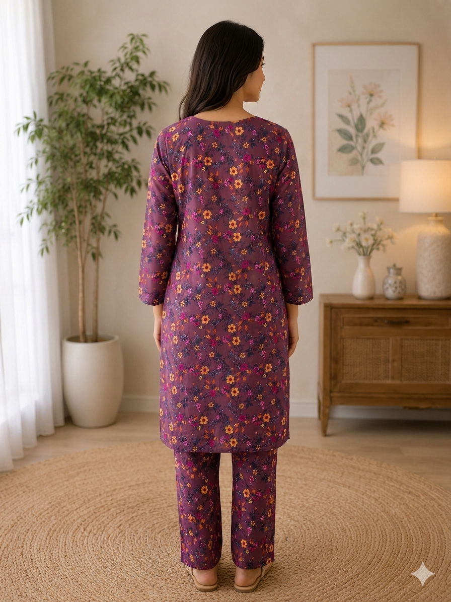 Vibrant Plum Purple Floral Printed 2-Piece Co-Ord Set - Image 2