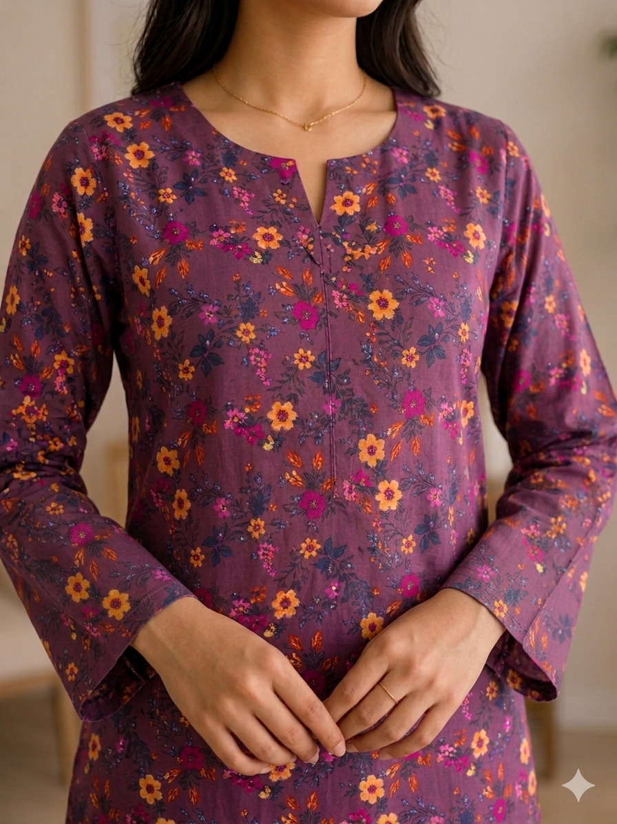 Vibrant Plum Purple Floral Printed 2-Piece Co-Ord Set - Image 3