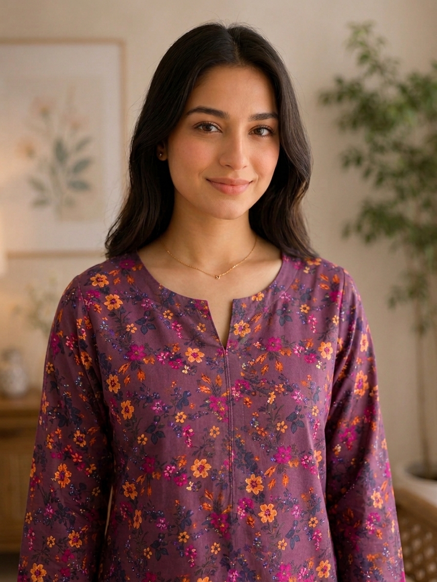 Vibrant Plum Purple Floral Printed 2-Piece Co-Ord Set - Image 4