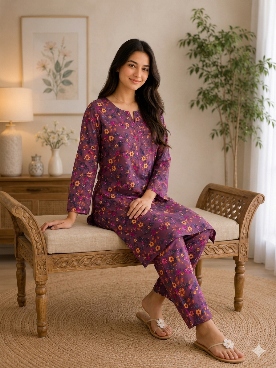Vibrant Plum Purple Floral Printed 2-Piece Co-Ord Set - Image 5