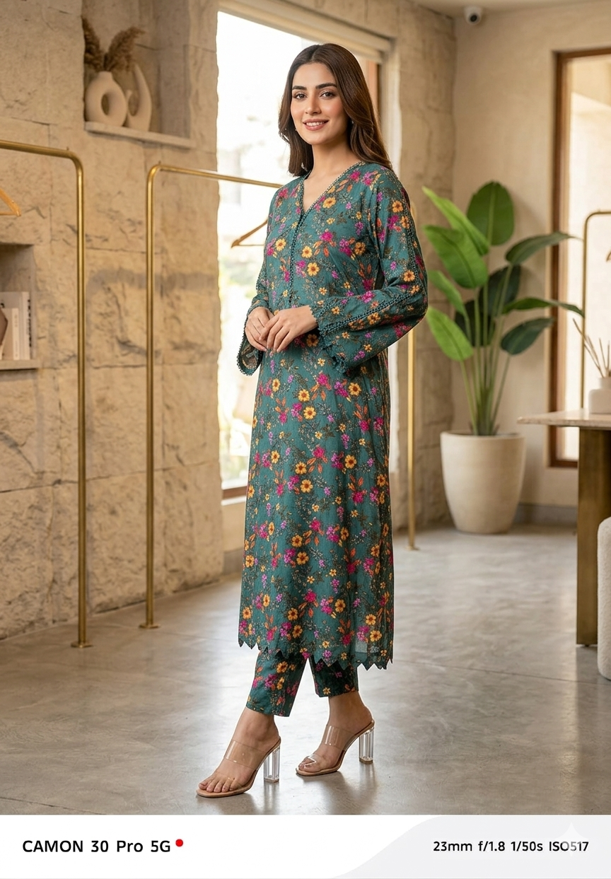 Vibrant Teal Green Floral Printed 2-Piece Co-Ord Set